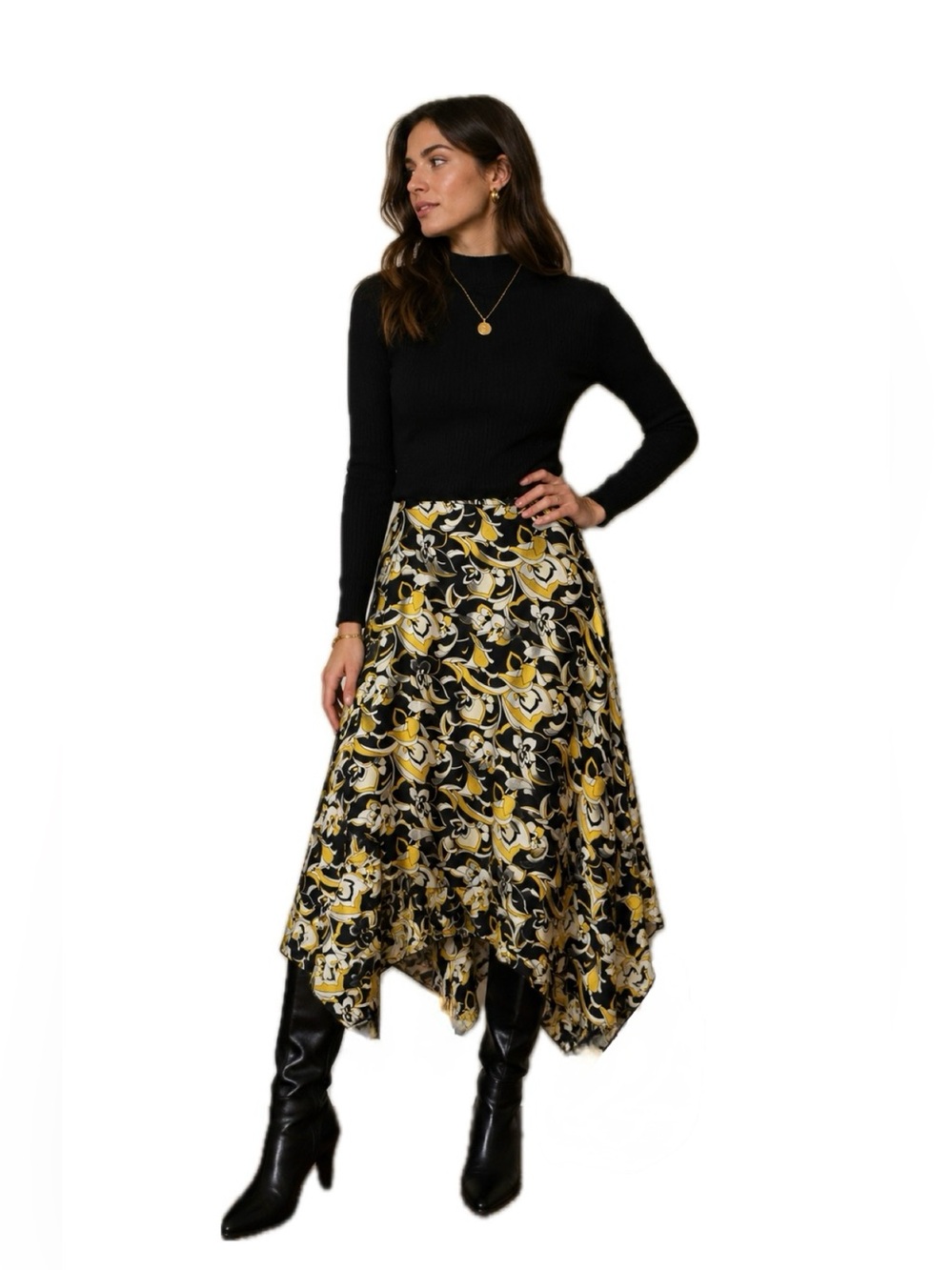 Nygard Collection 100% Silk Floral Handkerchief Hem Midi Skirt 14 Black Yellow